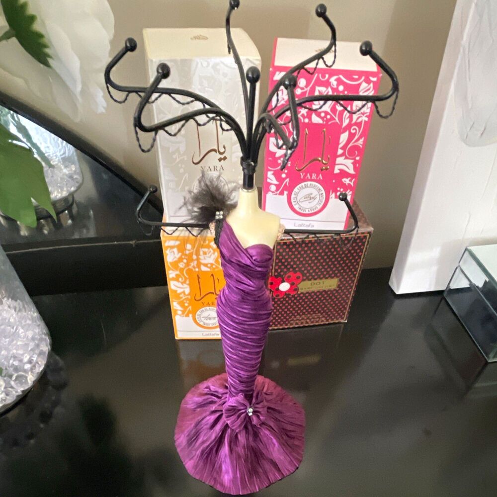 Purple Dress Form Jewelry Stand w/ Black Hooks, Holds 12 Necklaces